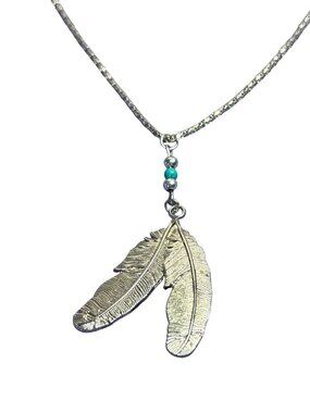 Boho Silvertone Beaded Feather Pendant Necklace Mesh Chain 17 inches
